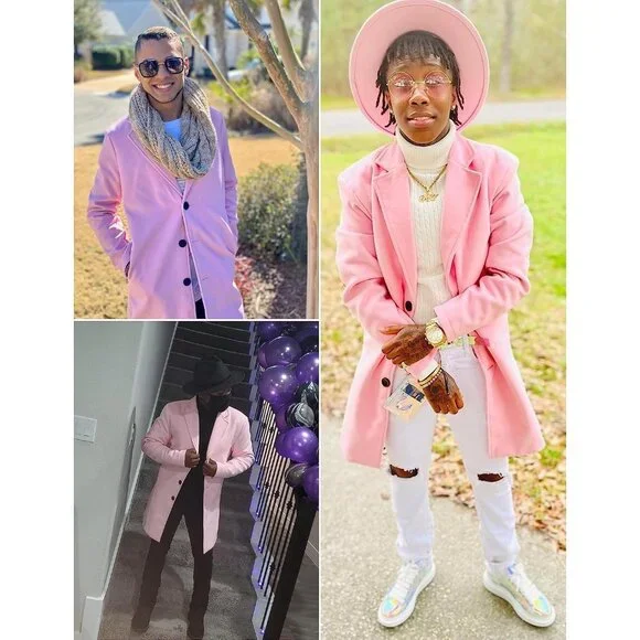 ✨Men Pink Wool Blend Pea Coat Notched Collar Single Overcoat Warm Trench Coat